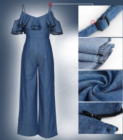 Women's Sexy Denim Jumpsuit, Ruffled Straps Romper with Belt, Loose Fit Long Pants, Summer Fashion Outfit Badiee Stylez