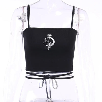 Gothic Women's Print Suspender Sleeveless Square Neck Slim Crop Top Sexy Halter Bottoming Shirt Girls Party Wear