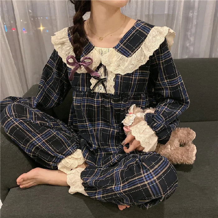 Spring and Autumn New Women's Pajamas Homewear Suit Female Court Style Doll Collar Japanese Girl Plaid Autumn and Winter Homewea