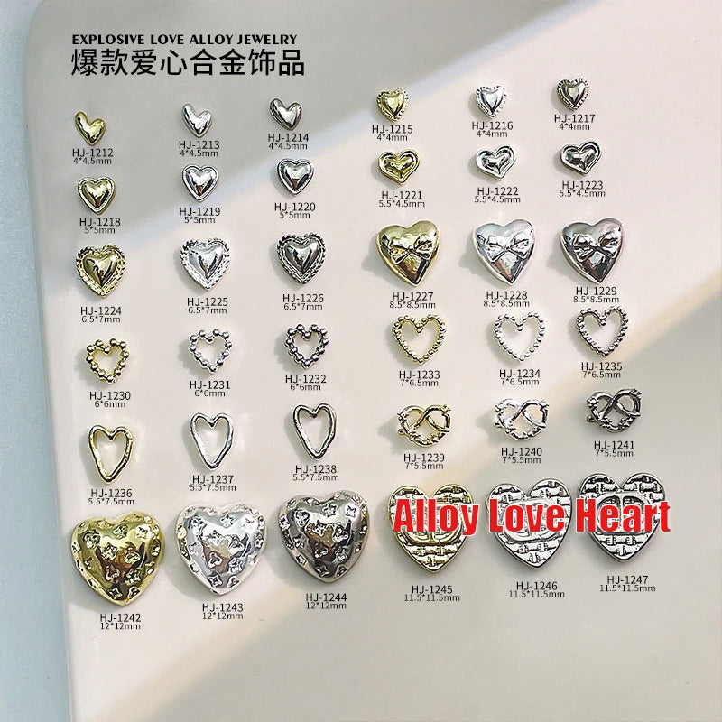 20PCS 3D Glossy Gold Silver Metallic Love Heart Various Crook Frame Solid Alloy Nail Art Rhinestones Decorations Manicure Charms HJ-1247