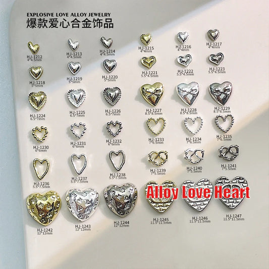 20PCS 3D Glossy Gold Silver Metallic Love Heart Various Crook Frame Solid Alloy Nail Art Rhinestones Decorations Manicure Charms HJ-1247