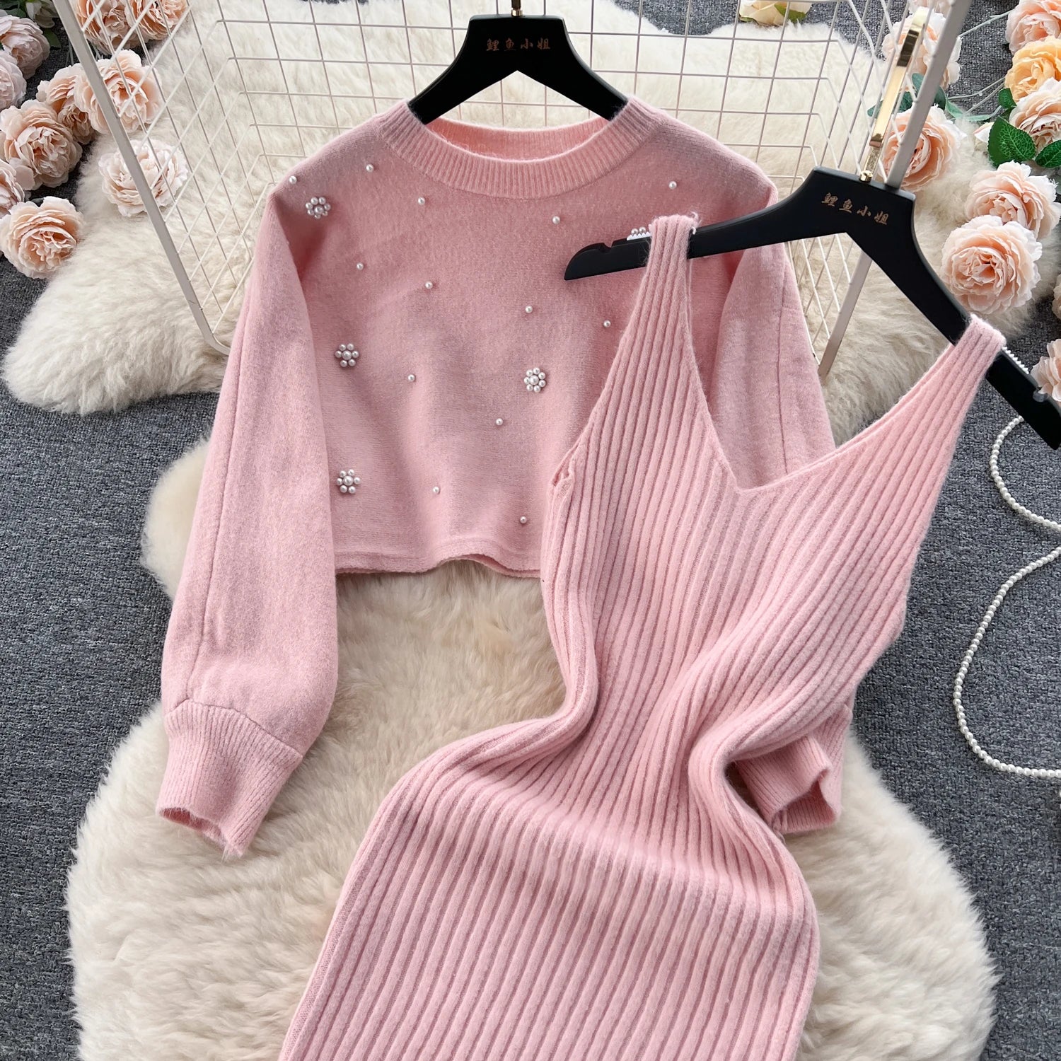 SINGREINY Beading Casual Two Piece Set Women Long Sleeve O Neck Pullover Midi Dress Fashion 2023 Winter Sweater Suit Dresses Badiee Stylez