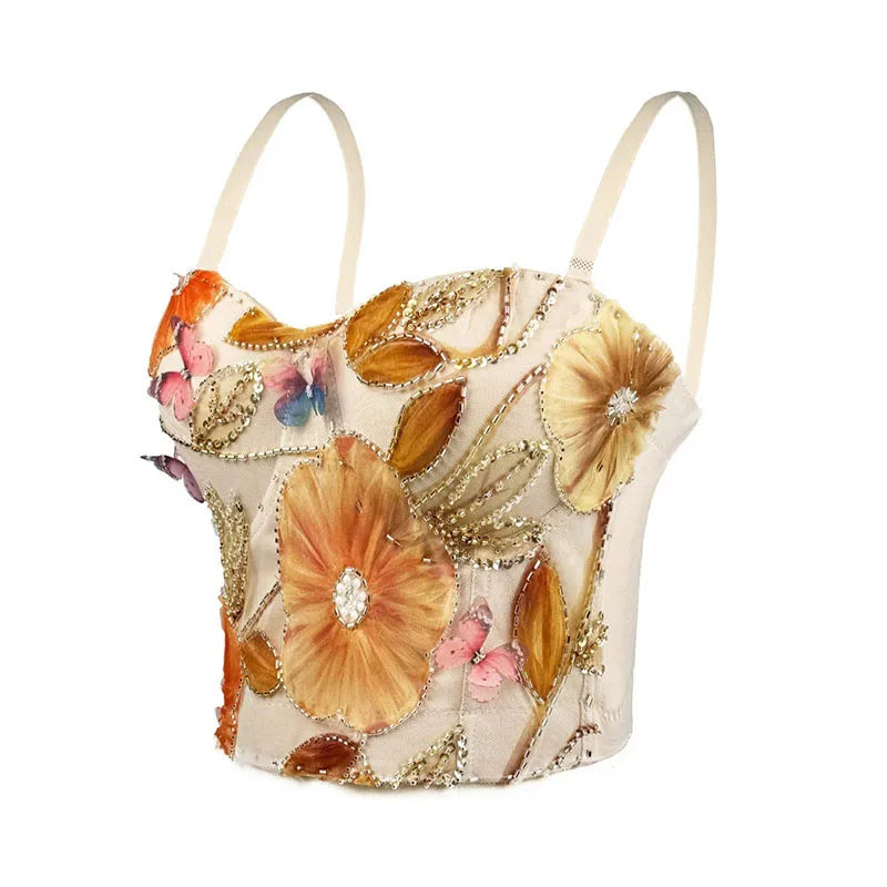 Flower Embroidery Bead Fish Bone Suspender Women Bra Sexy Exposed Waist Metal Buckle Top Party Vacation Female Tops 2025 Summer
