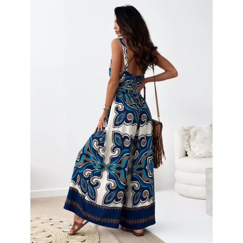 New Women's Wide Leg Jumpsuit V-Neck Strapless Belted Print New Style Short Pants