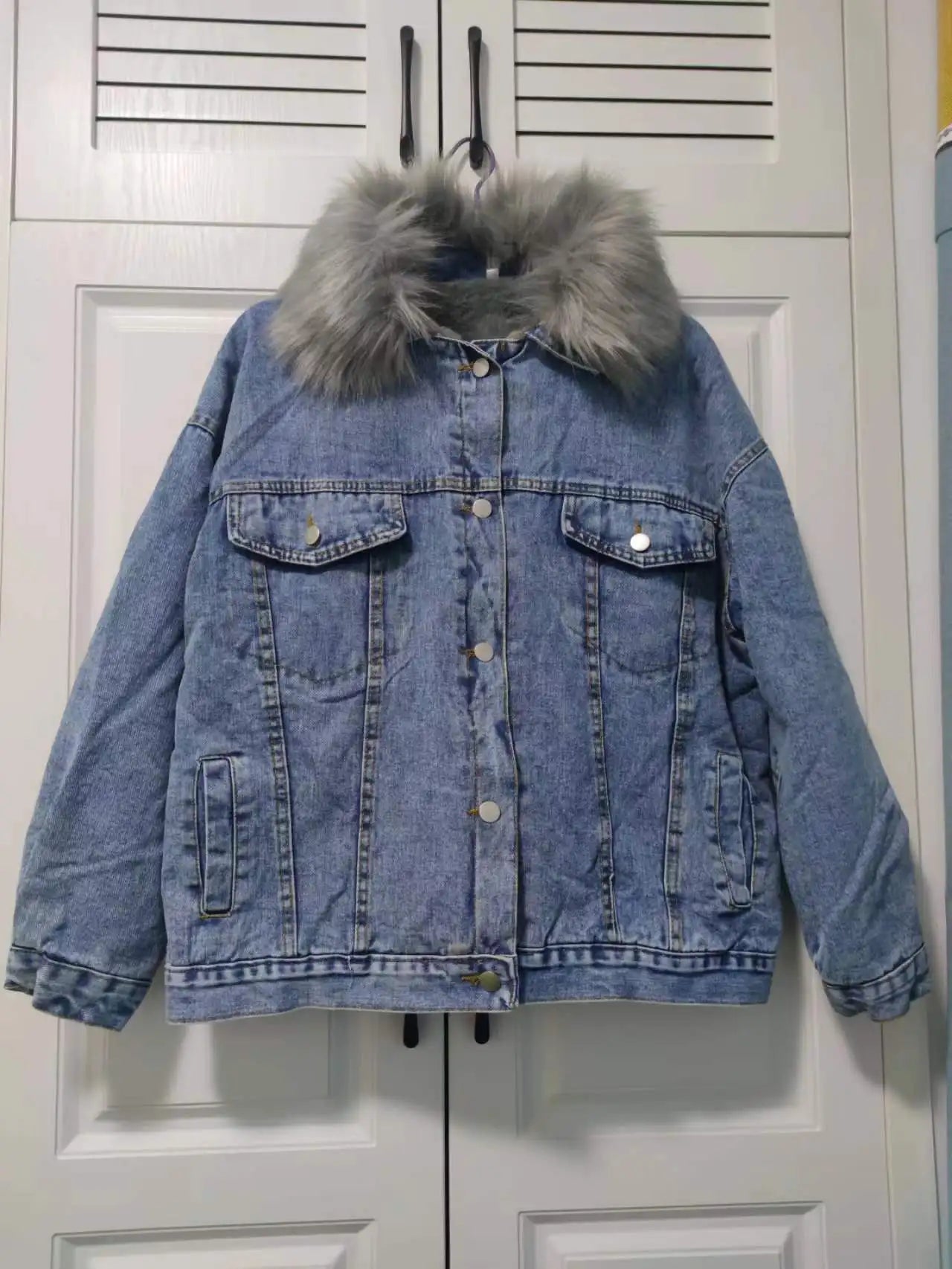 Winter Women Warm Basic Coat Big Fur Collar Denim Jacket Female Cold Motorcycle Jackets Outerwear Fleece Thick Casual Overcoat