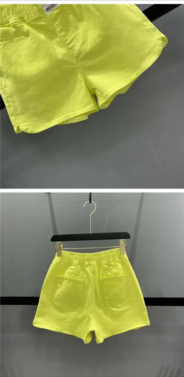 Fashionable Summer 300kg Candy Color Labeled Elastic Waist Casual Shorts Women's Loose Fit A- line Bell Bottoms