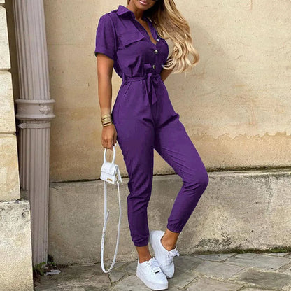 Women's Monochrome Jumpsuit 2024 Spring/Summer Comfortable Casual Flip Collar Printed Belt Work Dress Women's Jumpsuit PURPLE