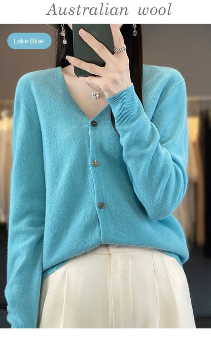 100 Merino Wool Knitted V-neck Sweater Women's Top Loose Korean Version Fashionable Versatile Autumn And Winter Cashmere Sweater