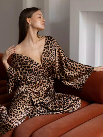 Mozuleva Solid Color Long Sleeved Pants Pajama 2-Piece Set Women's Autumn Winter Lace Up Nightgown Comfortable Home Clothing