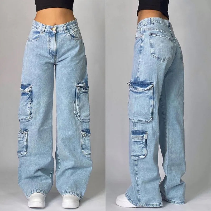 Y2K Fashion Baggy Jeans Denim Cargo Pants Womens Vintage Multi Pocket High Waist New Harajuku Gothic Wide Trouser Streetwear