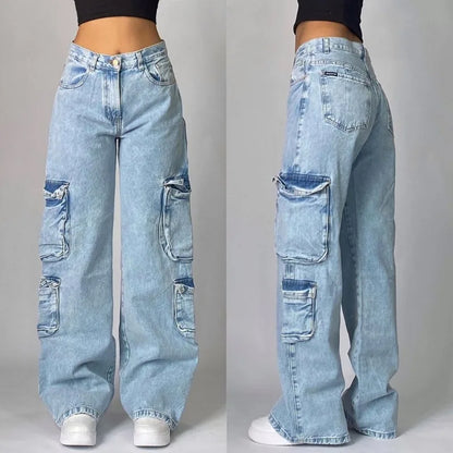 Y2K Fashion Baggy Jeans Denim Cargo Pants Womens Vintage Multi Pocket High Waist New Harajuku Gothic Wide Trouser Streetwear
