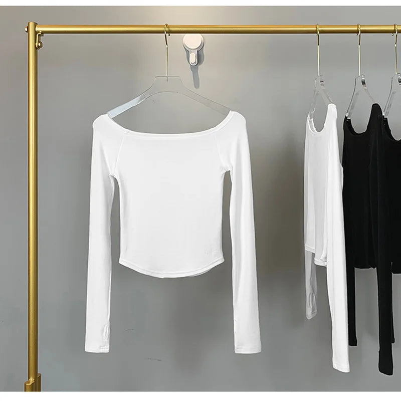 Sexy Slash Neck T Shirt Women Cotton Long Sleeves Cropped Tee Shirt Femme Slim T-shirt Female Black White Tops 2024
