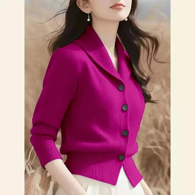2025 New Spring Autumn Turndown Collar High End Women Knitt Cardigan Sweater Fashion Korean Version Female Knitwear Tops rose red CHINA