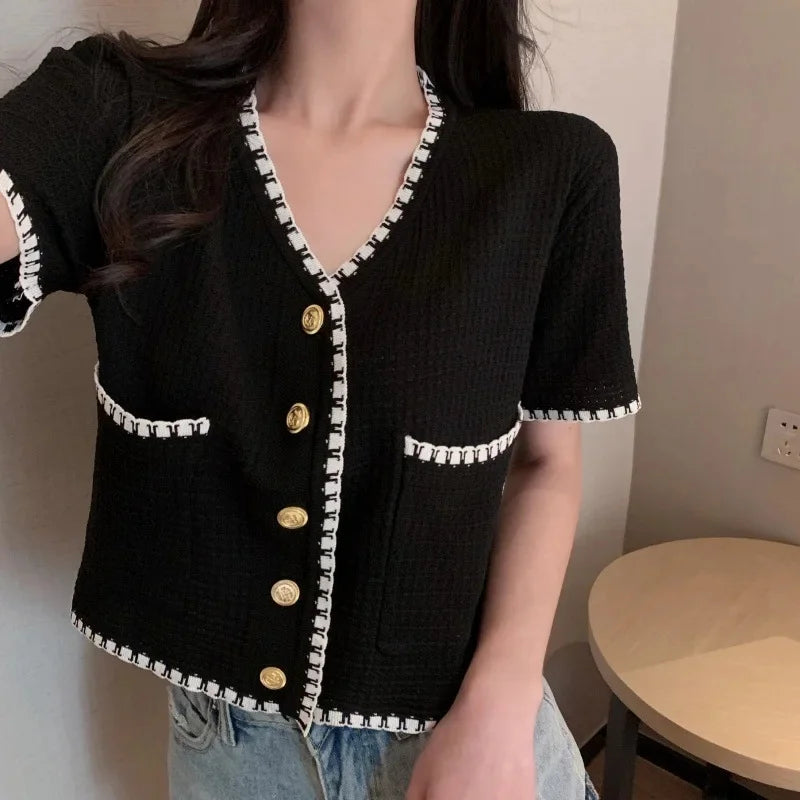 Plus Size Knitted Short Sleeve Open Cardigan for Women Elegant Slimming Style Summer Thin Material Big Size Fashionable black