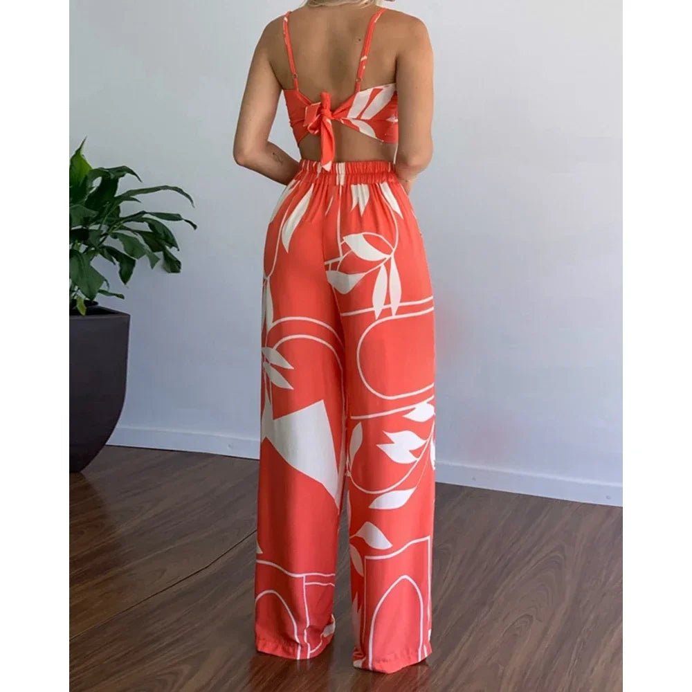 Summer Women Tropical Print Spaghetti Strap Casual Lace up Back Top &High Waist Pants Set 2 Pieces Suit Sets 2023 Woman Clothing