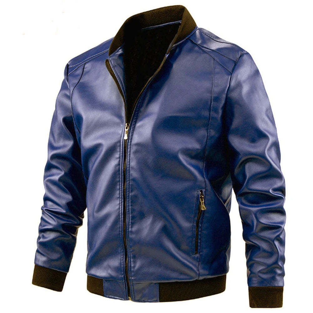Men's Casual Leather Jacket Jacket Fashion Solid Color Collar Zipper Pocket Biker Clothing Bomber Motorcycle PU Jacket