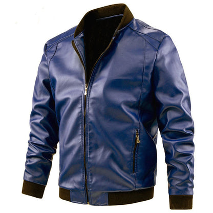 Men's Casual Leather Jacket Jacket Fashion Solid Color Collar Zipper Pocket Biker Clothing Bomber Motorcycle PU Jacket