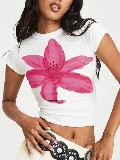 Floral Print Short Sleeve T-Shirt 2025 Women's Sexy Slim Fit BM Top Hot Girl Trendy Streetwear Casual Fashion Pink