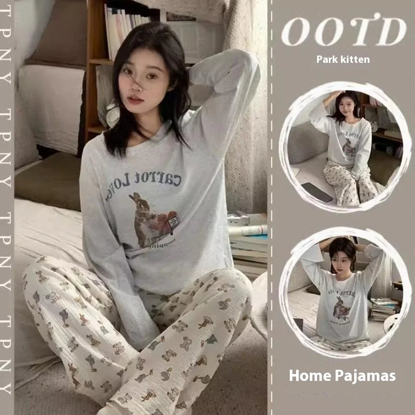Spring and Autumn New Ladies Ins Style Pajamas Homewear Set Cartoon Girl Long-Sleeved Long Pants Korean Pajamas Homewear Set