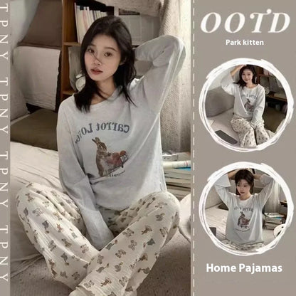 Spring and Autumn New Ladies Ins Style Pajamas Homewear Set Cartoon Girl Long-Sleeved Long Pants Korean Pajamas Homewear Set