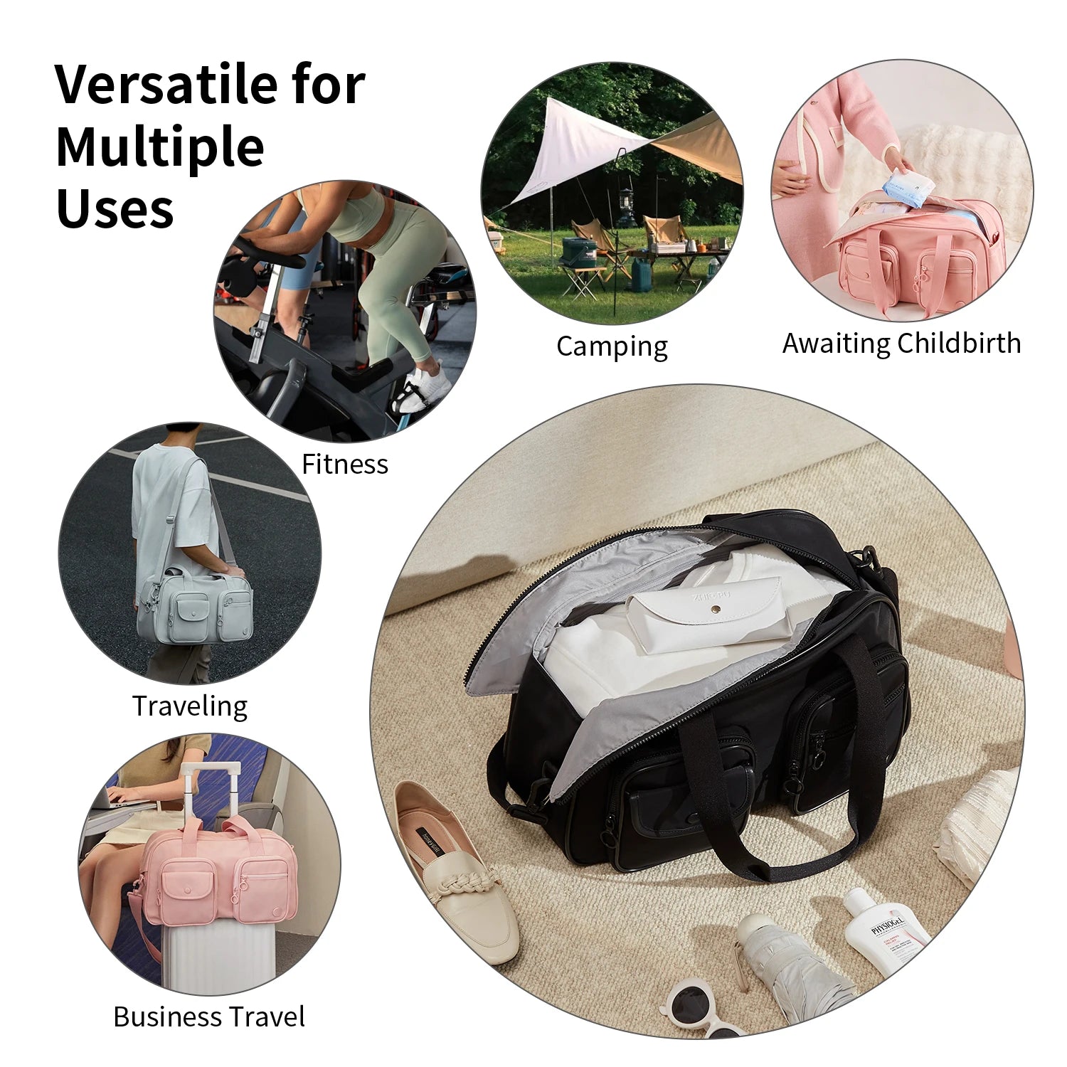 AJI Women Travel Bag Nylon Handheld Travel Bag Carry On Luggage Bag Large Capacity Weekender Gym Sport Holdall Overnight Bag