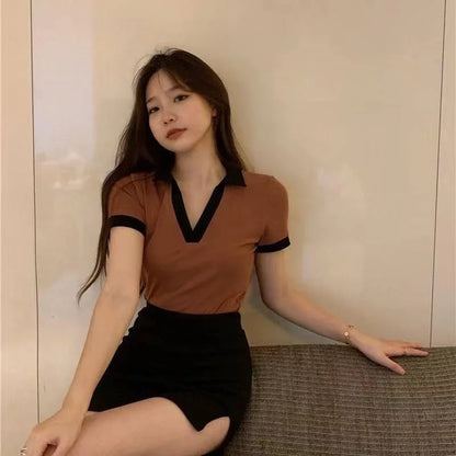 Summer Fashion Y2K T-shirt Woman Patchwork Polo Tee Shirt Femme Sexy OL Clothes Women Short Sleeve V-neck Tshirts Tops Brown