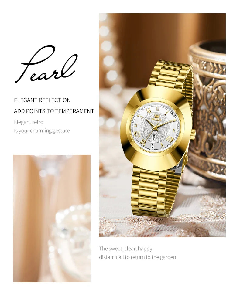 OLEVS Golden Quartz Watch for Women Fashion Elegant Tungsten Steel Case Waterproof Wristwatches Luxury Original Ladies Watch New