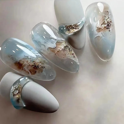 24pcs Romantic Y2k Star Press On Nails Gradient Blue French Style Gold Moon Designs Fake Nail Sweet Almond False Nails For Women Y5