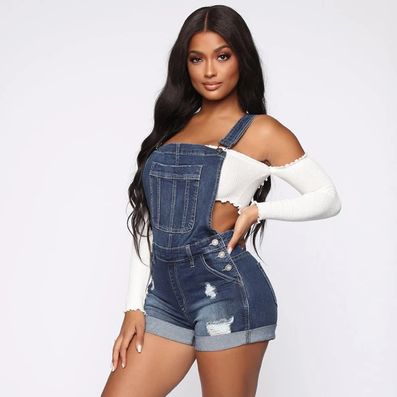New Summer Women Shorts Overalls Ripped Jeans Lady Sexy Stretch Rompers Denim Pants Lady Cross Strap Jumpsuit Casual Bodysuits Blue