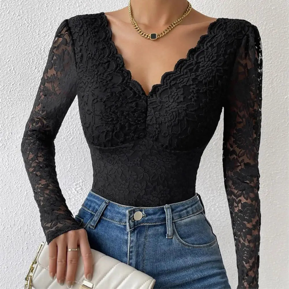 Slim Fit Bodysuit Elegant Lace Embroidered Bodysuit Deep V Neck Long Sleeve Playsuit Women's Slim Fit Spring Romper Lace