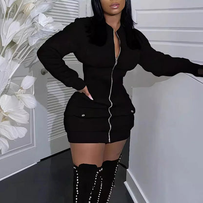 Fashion Long Sleeve Zipper Black Mini Dress Women 2025 Autumn Winter Sexy Bodycon Dresses For Women Robe Femme Badiee Stylez