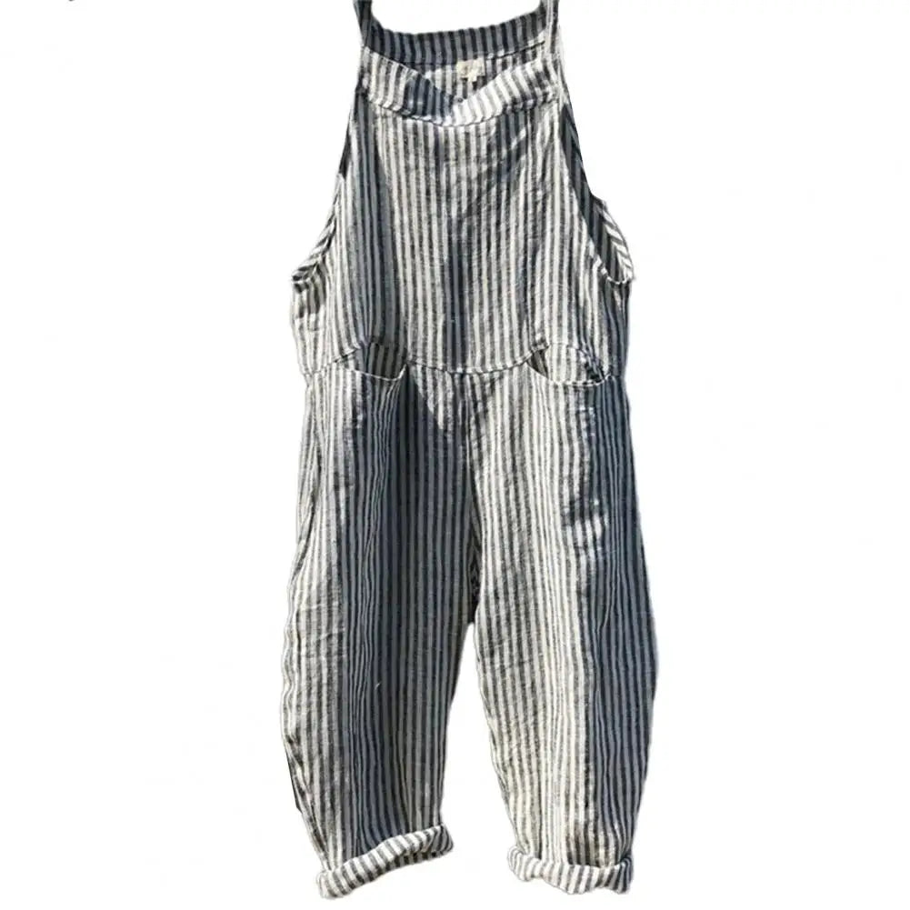 Casual Striped Print Sleeveless Jumpsuit Sling Big Pockets Wide Leg Summer Jumpsuit Women Female Clothing Grey