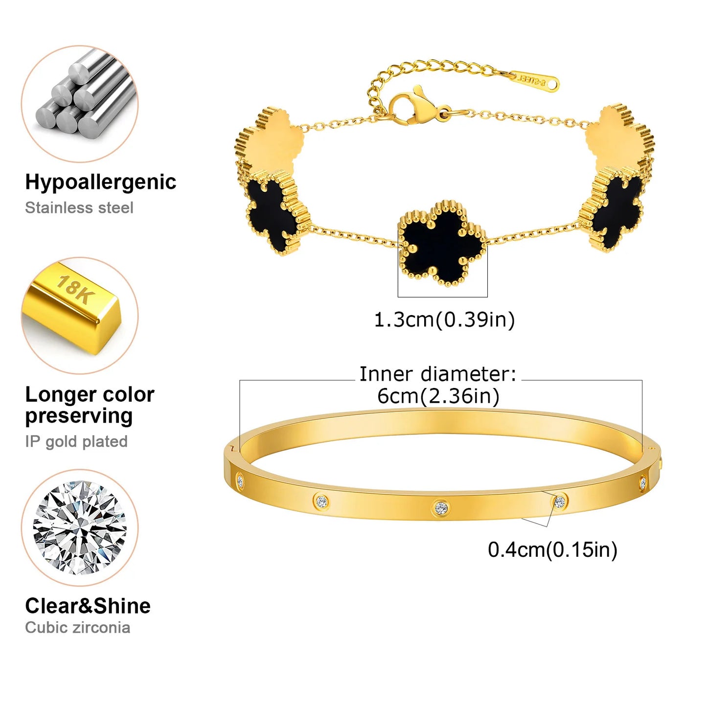 Vnox Exquisite 13mm Clover Bracelet Set for Women, Love Gift Bracelets for Wife Mothers Day Jewelry, Stainless Steel Cuff Bangle Badiee Stylez