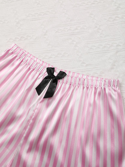 Satin Silk Women Pajamas Set Short-Sleeved Student Homewear Two-Piece Cardigan Lapel Senior Sense of Pink Striped Large Size