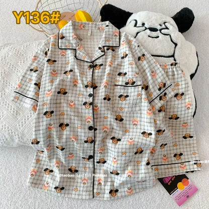 Cute Pink Cloud Cotton Spwear Bear Print Home Clothes Long Sve ort Sve Women's Comfortable Home Suit Summer Thin