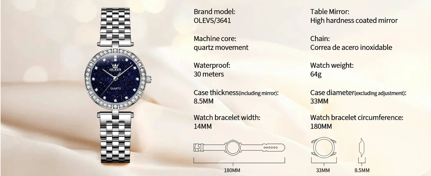 OLEVS 3641 Women Watch Elegant Quartz Watch Starry Dial Waterproof Luminous Diamond Bezel Ladies Watch Bracelet Set Ladies' Gift