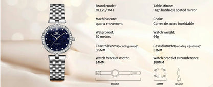 OLEVS 3641 Women Watch Elegant Quartz Watch Starry Dial Waterproof Luminous Diamond Bezel Ladies Watch Bracelet Set Ladies' Gift