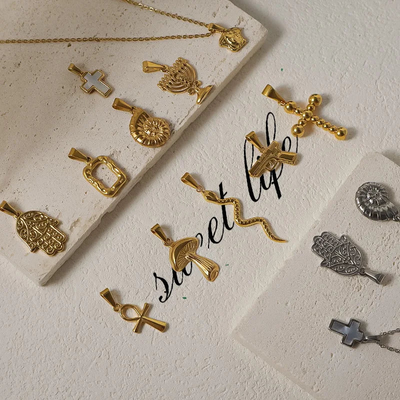 RHYSONG Geometric Stainless Steel 18K Gold Plated Snake Cross Palm Conch Mushroom Pistol Pendant For Women Diy Findings Jewelry