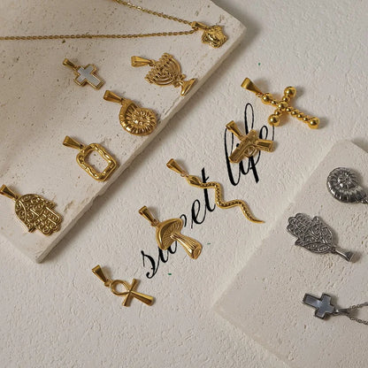 RHYSONG Geometric Stainless Steel 18K Gold Plated Snake Cross Palm Conch Mushroom Pistol Pendant For Women Diy Findings Jewelry