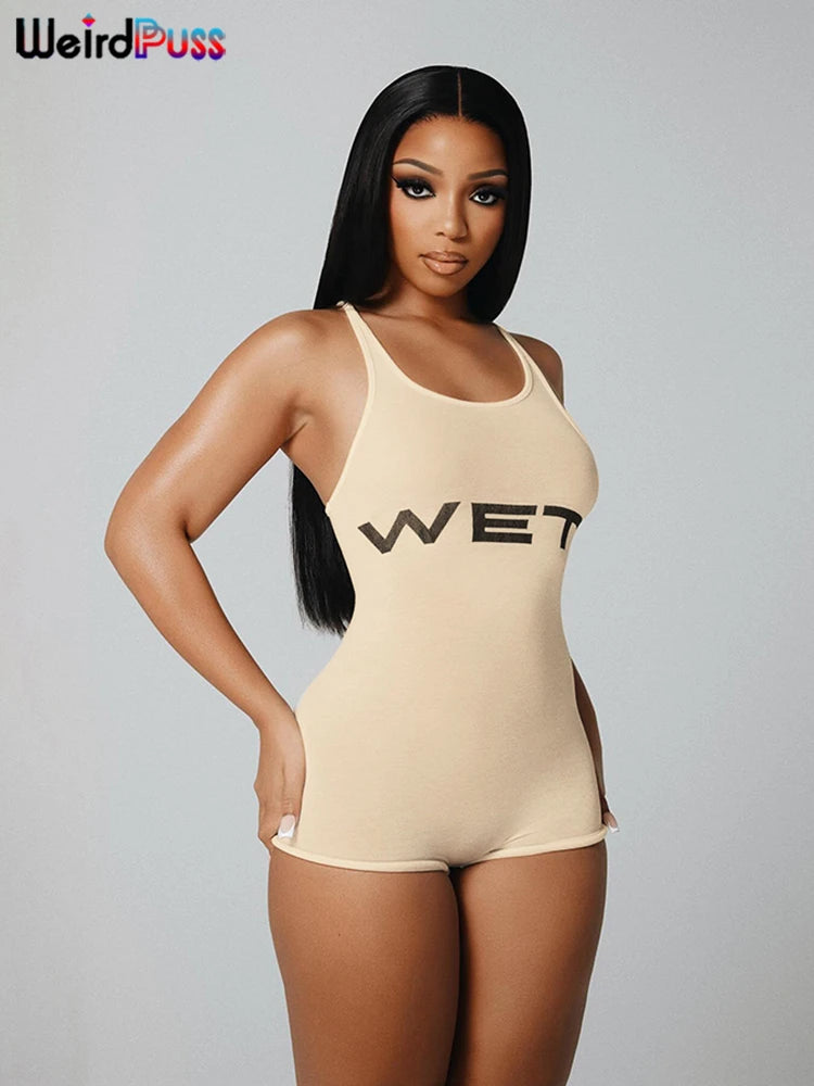 Weird Puss Letter Print Romper Women Low-Neck Sporty Casual Sleeveless Stretch Activity Skinny Playsuit Tight Short Overalls