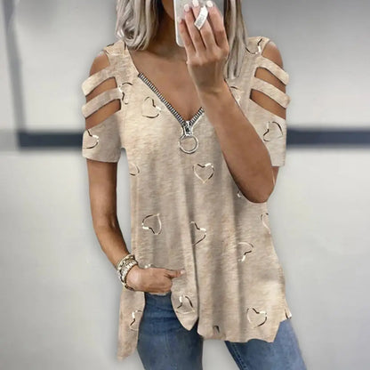 Women Summer Top V Neck Low-cut Hollow Out Short Sleeves T-shirt Match Pants Loose Plus Size Women Blouse Women Clothes