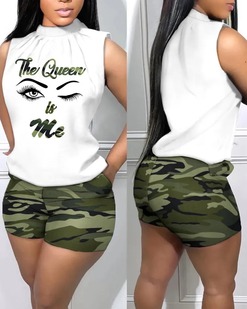 Summer New Street Trendy Women's Polyester Sexy Sleeveless Fashion Print Casual Round Neck 3/4 Shorts Sleeveless Comfortable Set white