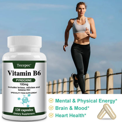 Vitamin B6, 100 Mg, with Lactase, Cellulase, and Betaine for Mental and Physical Energy, Brain Health, Heart Health, Non-GMO