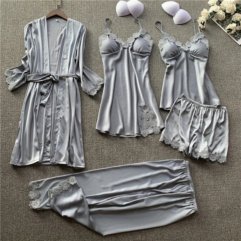 Pajamas Five Piece Set Sexy Lace Trim Nightgown Nightwear Spring Summer Women Bath Robe Loose Silk Satin Home Wear Pijamas Suit