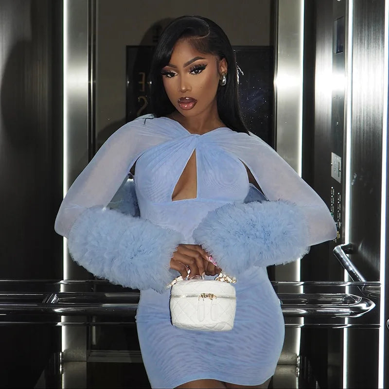 2025 Autumn Furry Patchwork Dress Women See Through Full Sleeve Sexy Hollow Cross Elegant Luxury Banquet Birthday Party Clubwear Badiee Stylez