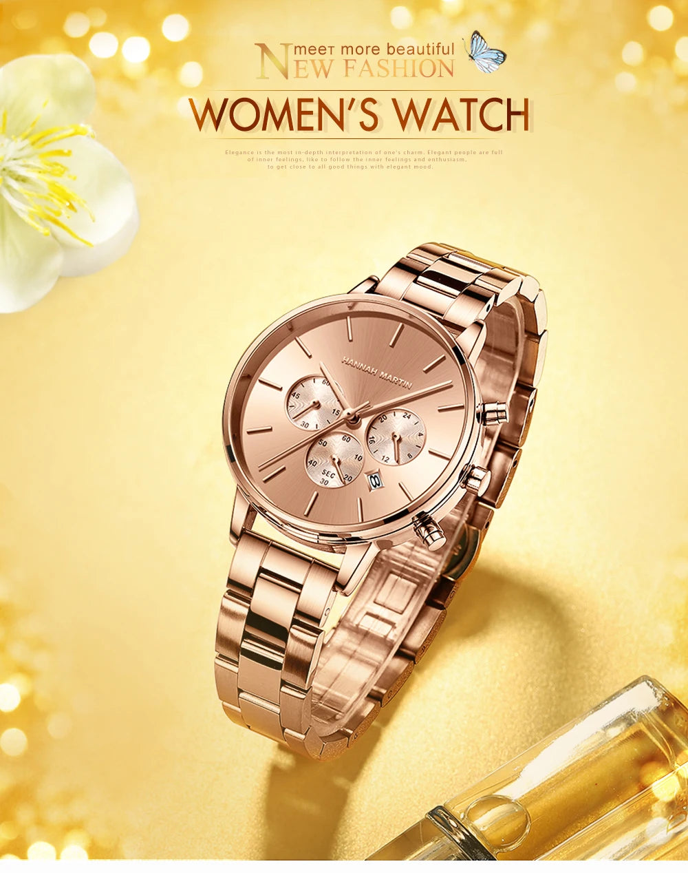 HANNAH MARTIN Brand Women Multifunctional Watch Original Stainless Steel Rose Gold 36mm Quartz Movement Casual Banquet Wristatch