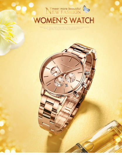 HANNAH MARTIN Brand Women Multifunctional Watch Original Stainless Steel Rose Gold 36mm Quartz Movement Casual Banquet Wristatch