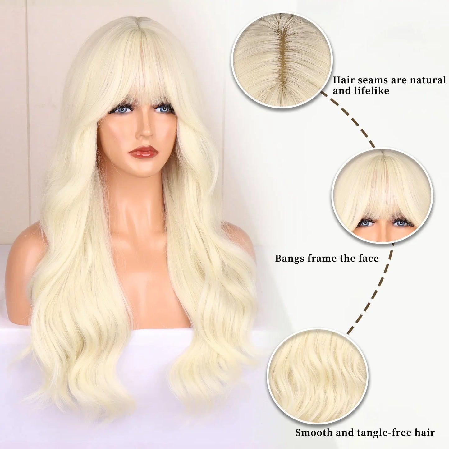 Blonde synthetic wig with straight bangs Ladies Cosplay wig High temperature silk wig set with big waves and long curly hair