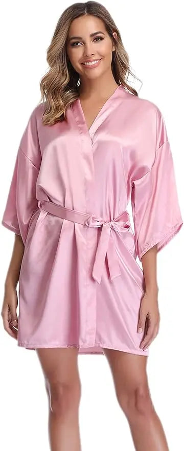 Womens Kimono Robes Dressing Gown Satin Bathrobe Nightdress Short Style Bridal Robe As the photo show 2