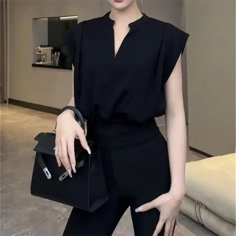 Black V-neck Short Shirt Summer Crop Top Women's Fashion Sleeveless Shirts Elegant Office Lady Clothes Top Casual Blouse